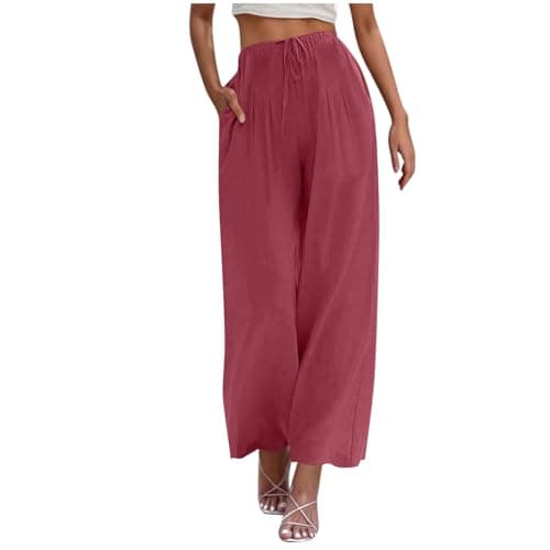Yxzogd Women's Wide Leg Linen Pants with Pockets High Waist Drawstring Casual Fit