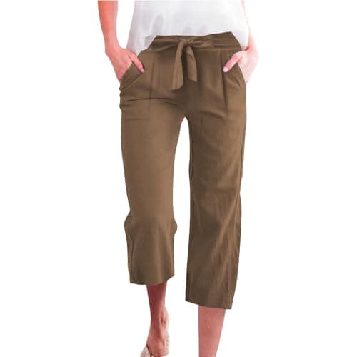 Cotton Linen Straight Wide Leg Pants for Women Elastic Waist Cropped Trousers