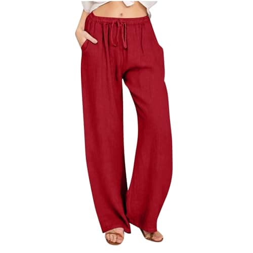 Yxzogd Women's Wide Leg Elastic Drawstring Linen Pants with Pockets