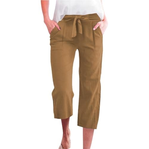 Cotton Linen Straight Wide Leg Pants for Women Elastic Waist Cropped Trousers