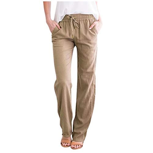 DINEVE High-Waisted Drawstring Joggers - Plus Size Wide Leg Linen Pants