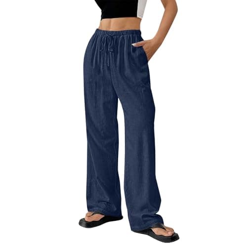 DINEVE Women's Summer Wide Leg High Waist Drawstring Pants Plus Size Linen Lounge