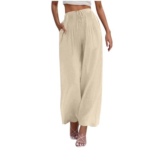 Yxzogd Women's Wide Leg Linen Pants with Pockets High Waist Drawstring Casual Fit