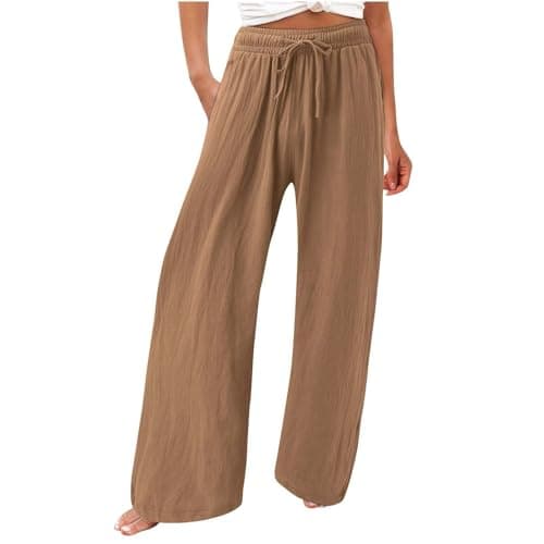 Womens Elastic High Waisted Boho Linen Palazzo Pants with Pockets