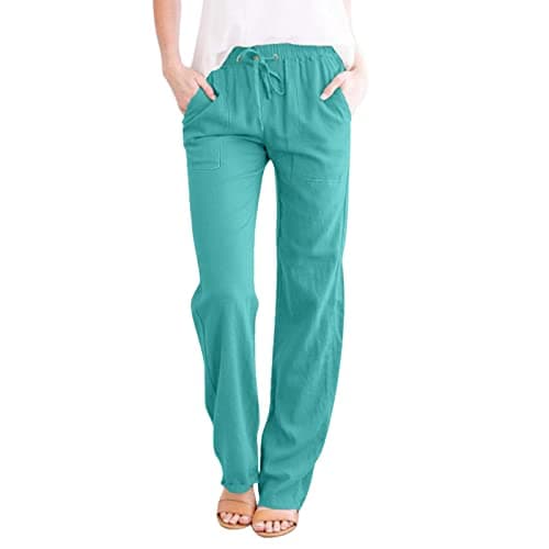DINEVE High-Waisted Drawstring Joggers - Plus Size Wide Leg Linen Pants