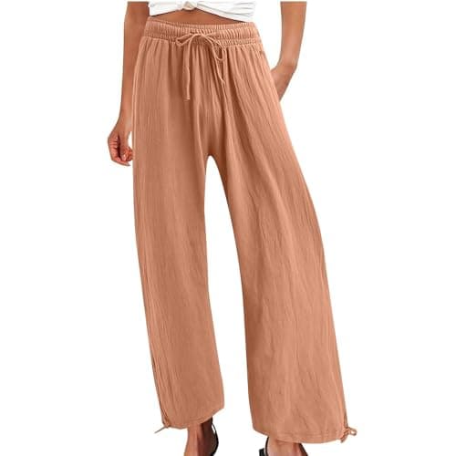Summer Women's Linen Wide Leg Drawstring Pants with Pockets