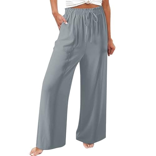 Elastic Waist Palazzo Pants with Pockets | Women's Cotton Linen Wide Leg Lounge Pants