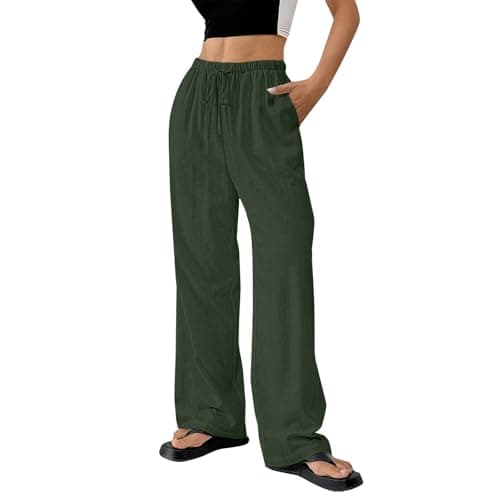 DINEVE Women's Summer Wide Leg High Waist Drawstring Pants Plus Size Linen Lounge
