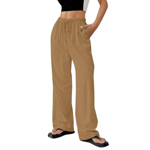 DINEVE Women's Summer Wide Leg High Waist Drawstring Pants Plus Size Linen Lounge