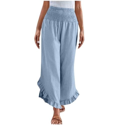 Yxzogd Women's Stretch Smocked Wide Leg Linen Palazzo Pants Ruffle Hem Summer Trousers