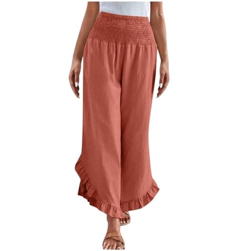 Yxzogd Women's Stretch Smocked Wide Leg Linen Palazzo Pants Ruffle Hem Summer Trousers