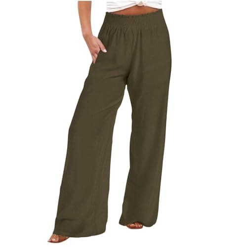 DASAYO Smocked High-Waisted Linen Palazzo Pants with Pockets