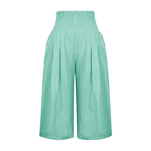 Sktremeuru Women's Summer Loose Wide Leg Linen Palazzo Pants High Waist Flowy Crop
