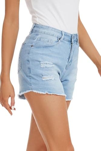 QACOHU Women's Casual Summer Denim Shorts Mid-Waisted Ripped Stretch Jeans
