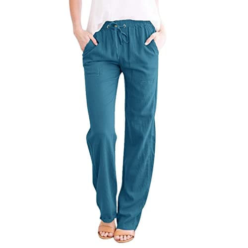 DINEVE High-Waisted Drawstring Joggers - Plus Size Wide Leg Linen Pants