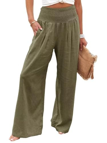 GLIENST Women's High Waisted Smocked Linen Palazzo Pants with Pockets S-2XL