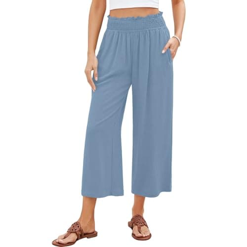 Elastic Smock Waist Wide Leg Cotton Linen Palazzo Pants for Women Summer Beach