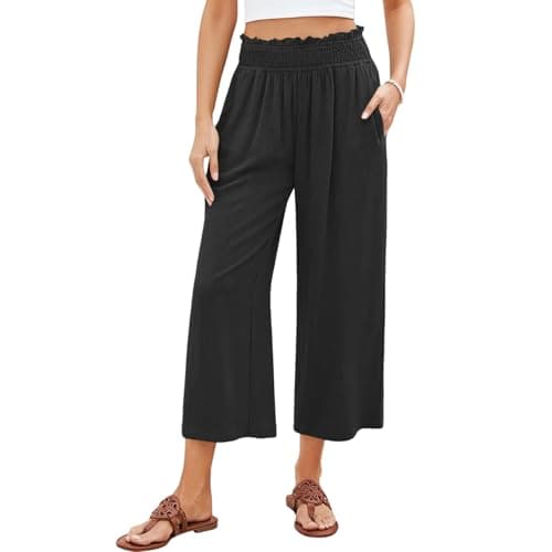 Elastic Smock Waist Wide Leg Cotton Linen Palazzo Pants for Women Summer Beach