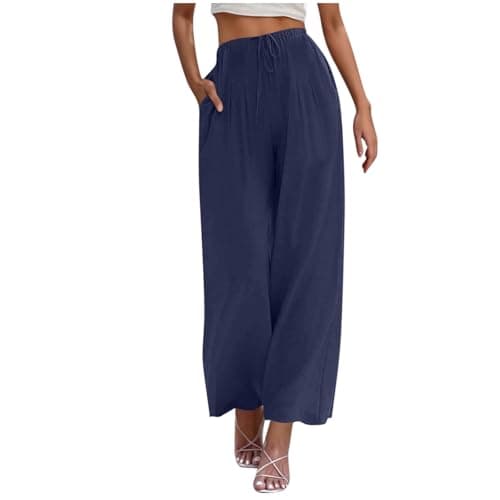 Yxzogd Women's Wide Leg Linen Pants with Pockets High Waist Drawstring Casual Fit