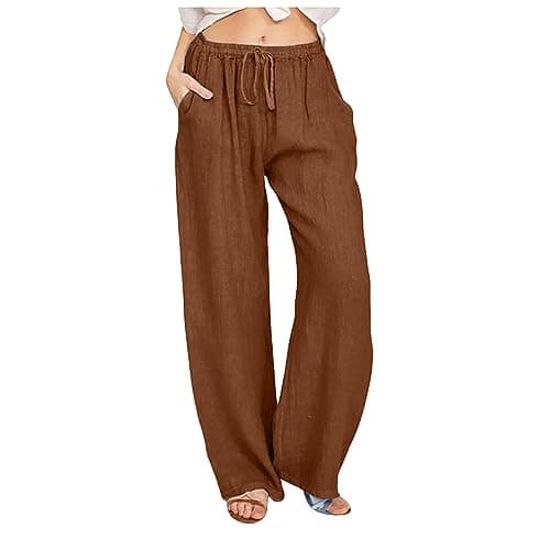 Yxzogd Women's Wide Leg Elastic Drawstring Linen Pants with Pockets