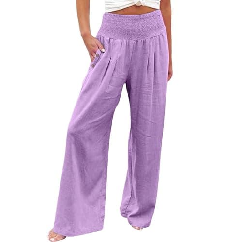 GOKKILRW Women's Linen Palazzo Pants Wide Leg High Waist Boho Summer Travel Trouser