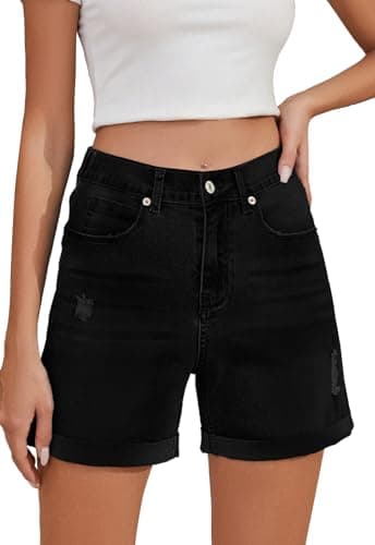 Metietila Women's High-Waisted Folded Hem Stretch Denim Shorts