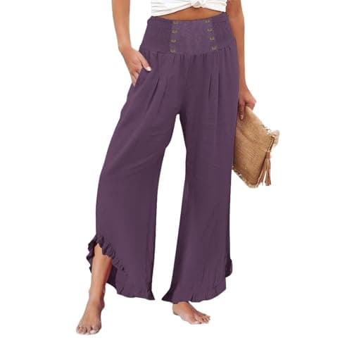GOKKILRW Women's Lightweight Boho Linen High Waist Flowy Palazzo Pants