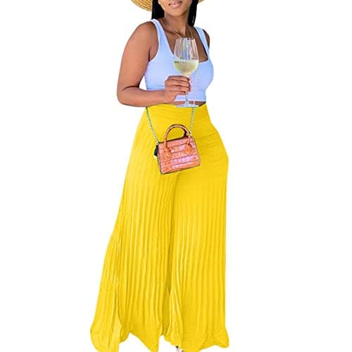 Lexiart High-Waisted Chiffon Pleated Wide Leg Palazzo Pants