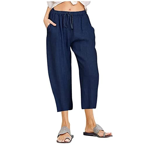 Itsame Women's Summer Cotton Linen Drawstring Capri Pants