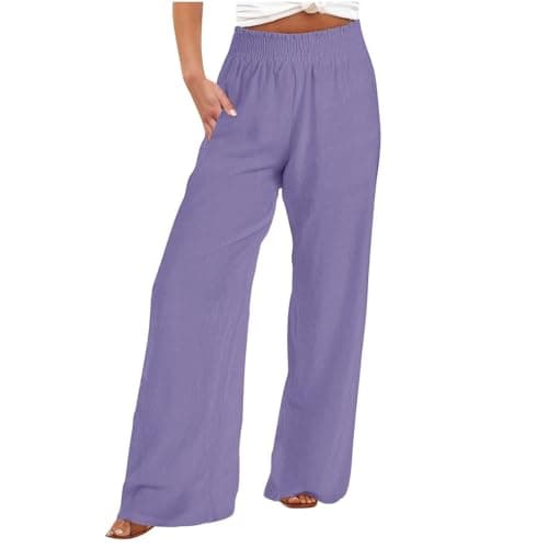 DASAYO Smocked High-Waisted Linen Palazzo Pants with Pockets
