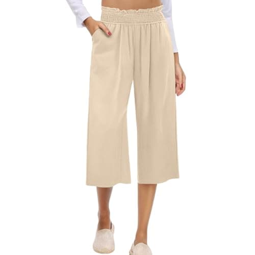 High-Waisted Wide Leg Cotton Linen Capri Pants for Women Summer Beach Croppedacers