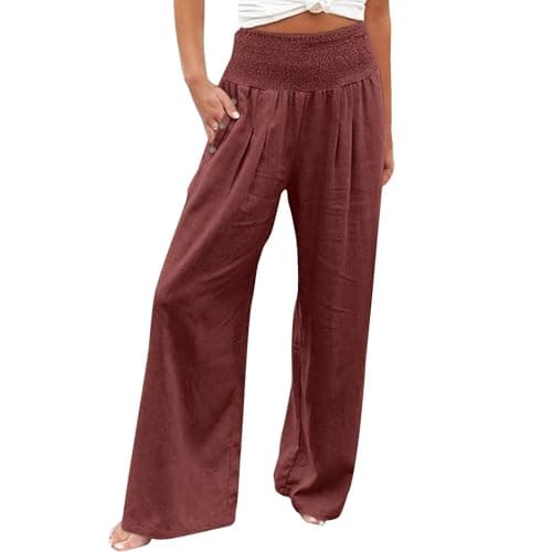 GOKKILRW Women's Linen Palazzo Pants Wide Leg High Waist Boho Summer Travel Trouser