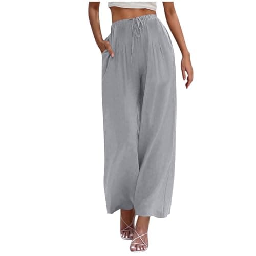 Yxzogd Women's Wide Leg Linen Pants with Pockets High Waist Drawstring Casual Fit