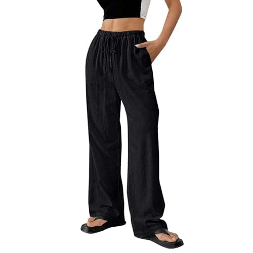 DINEVE Women's Summer Wide Leg High Waist Drawstring Pants Plus Size Linen Lounge