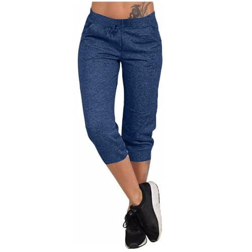 2024 Summer High Waisted Drawstring Capri Pants for Women Elastic Polyester