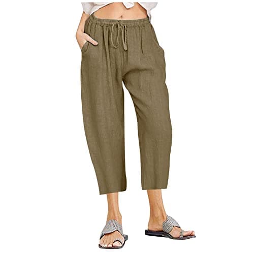 Itsame Women's Summer Cotton Linen Drawstring Capri Pants