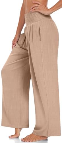 TARSE Women's Summer Linen Palazzo Pants with Pockets