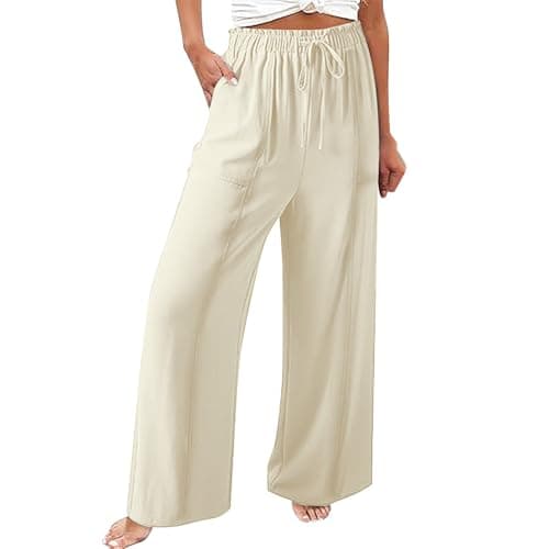 Elastic Waist Palazzo Pants with Pockets | Women's Cotton Linen Wide Leg Lounge Pants