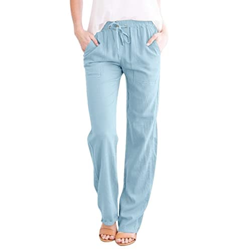 DINEVE High-Waisted Drawstring Joggers - Plus Size Wide Leg Linen Pants
