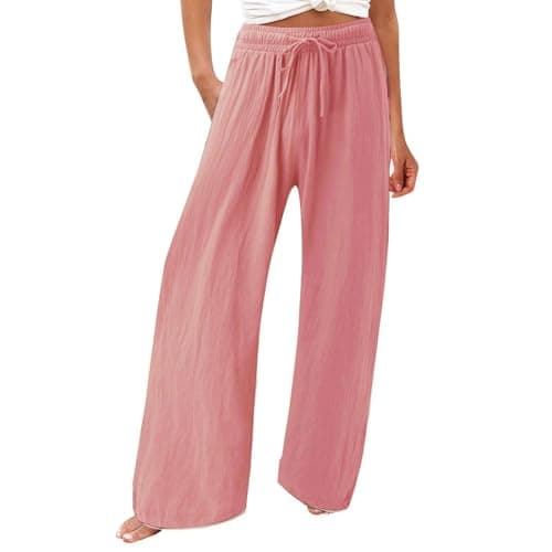 Womens Elastic High Waisted Boho Linen Palazzo Pants with Pockets
