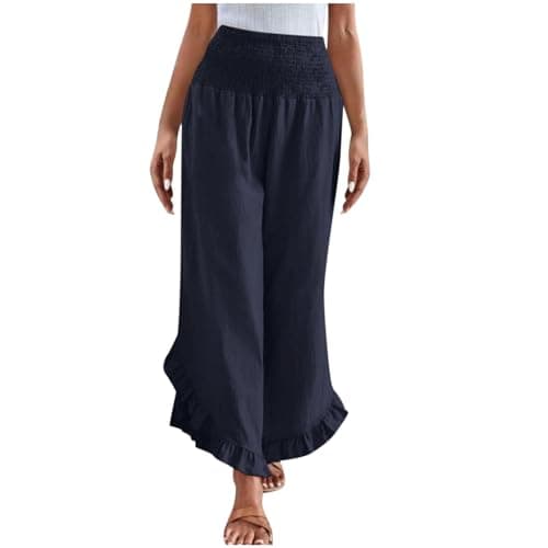 Yxzogd Women's Stretch Smocked Wide Leg Linen Palazzo Pants Ruffle Hem Summer Trousers