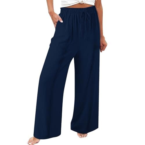 Elastic Waist Palazzo Pants with Pockets | Women's Cotton Linen Wide Leg Lounge Pants