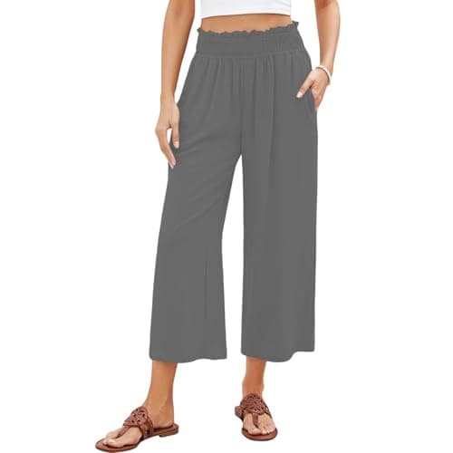 Elastic Smock Waist Wide Leg Cotton Linen Palazzo Pants for Women Summer Beach