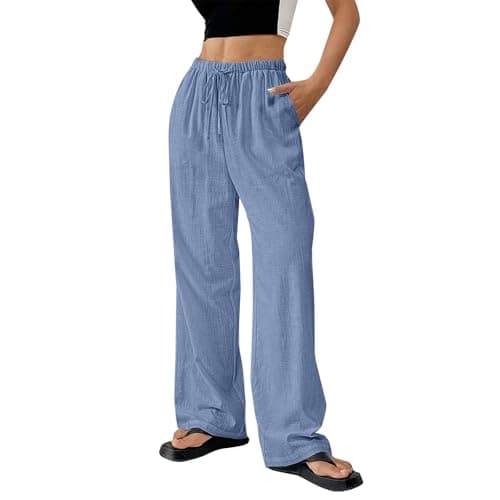 DINEVE Women's Summer Wide Leg High Waist Drawstring Pants Plus Size Linen Lounge