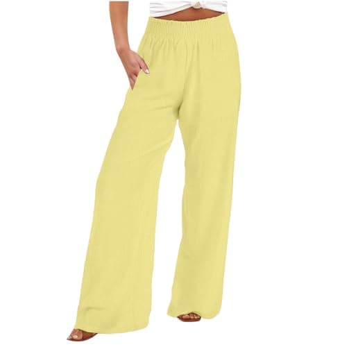 DASAYO Smocked High-Waisted Linen Palazzo Pants with Pockets