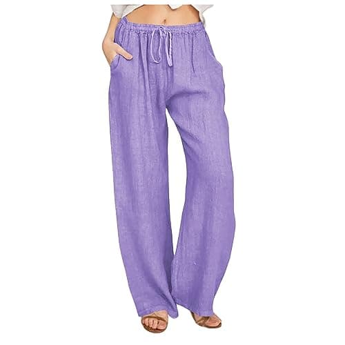 Yxzogd Women's Wide Leg Elastic Drawstring Linen Pants with Pockets