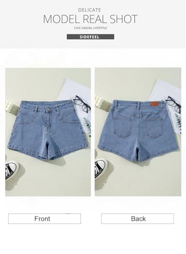 Sidefeel Women's High-Waisted Stretch Jean Shorts with Pockets Summer Denim