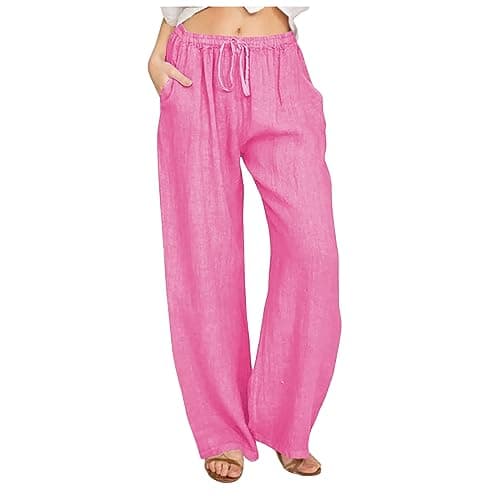 Yxzogd Women's Wide Leg Elastic Drawstring Linen Pants with Pockets