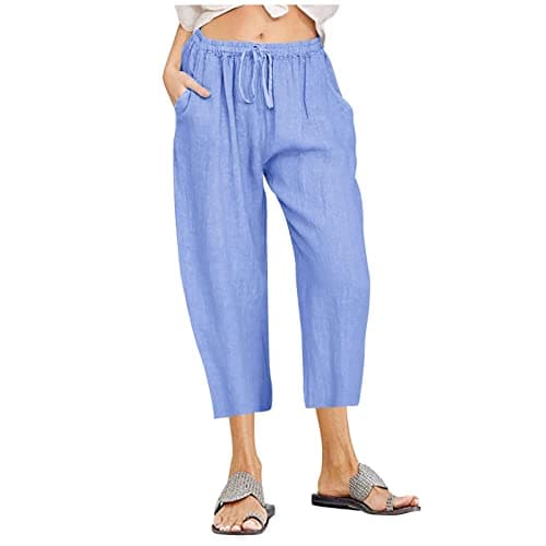 Itsame Women's Summer Cotton Linen Drawstring Capri Pants