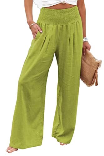 GLIENST Women's High Waisted Smocked Linen Palazzo Pants with Pockets S-2XL